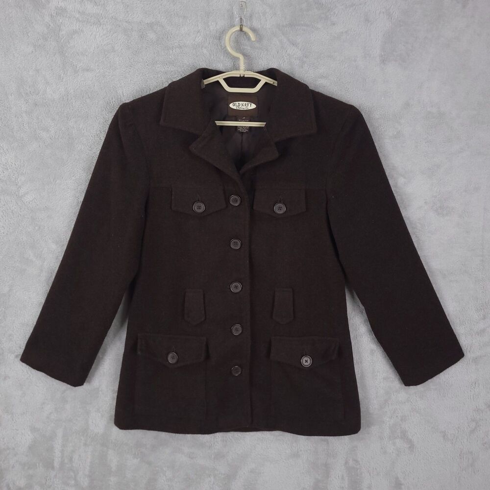 Vintage Old Navy Coat Jacket S Brown Recycled Wool Blend Belted Pockets Watson